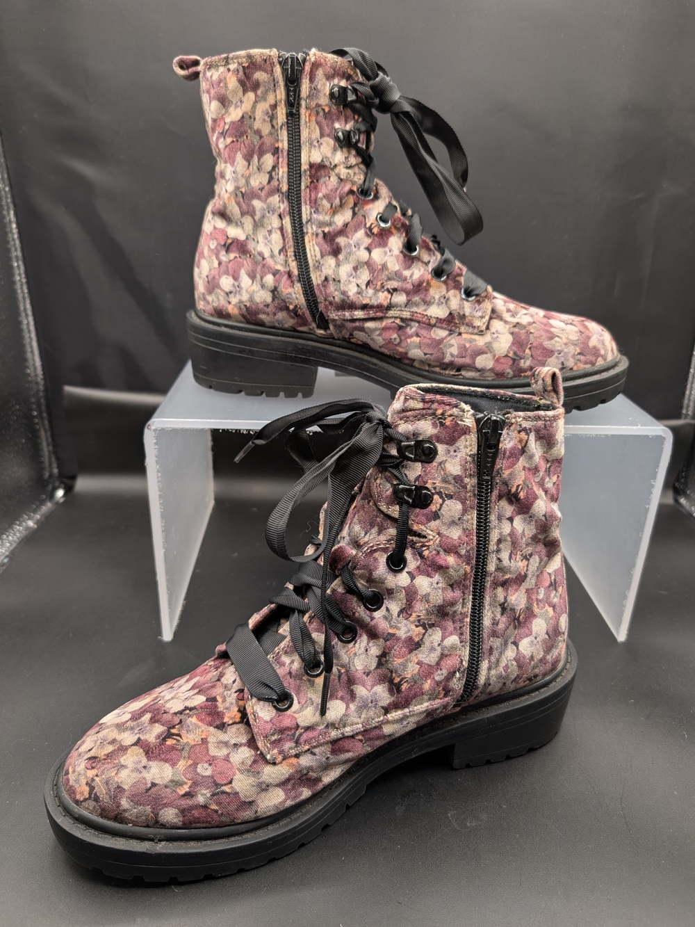 Floral Lace-Up Combat Boots - Pink Multicolor